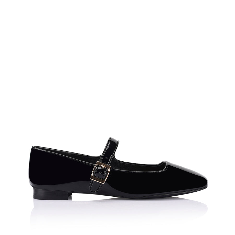 Women's vegan black patent mary-jane ballet flats with block heel and square toe