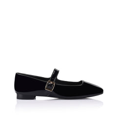 Women's vegan black patent mary-jane ballet flats with block heel and square toe