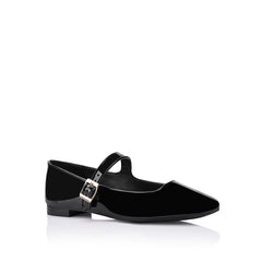 Women's vegan black patent mary-jane ballet flats with block heel and square toe
