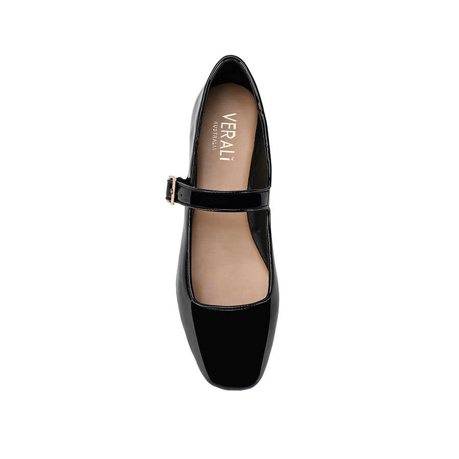 Women's vegan black patent mary-jane ballet flats with block heel and square toe