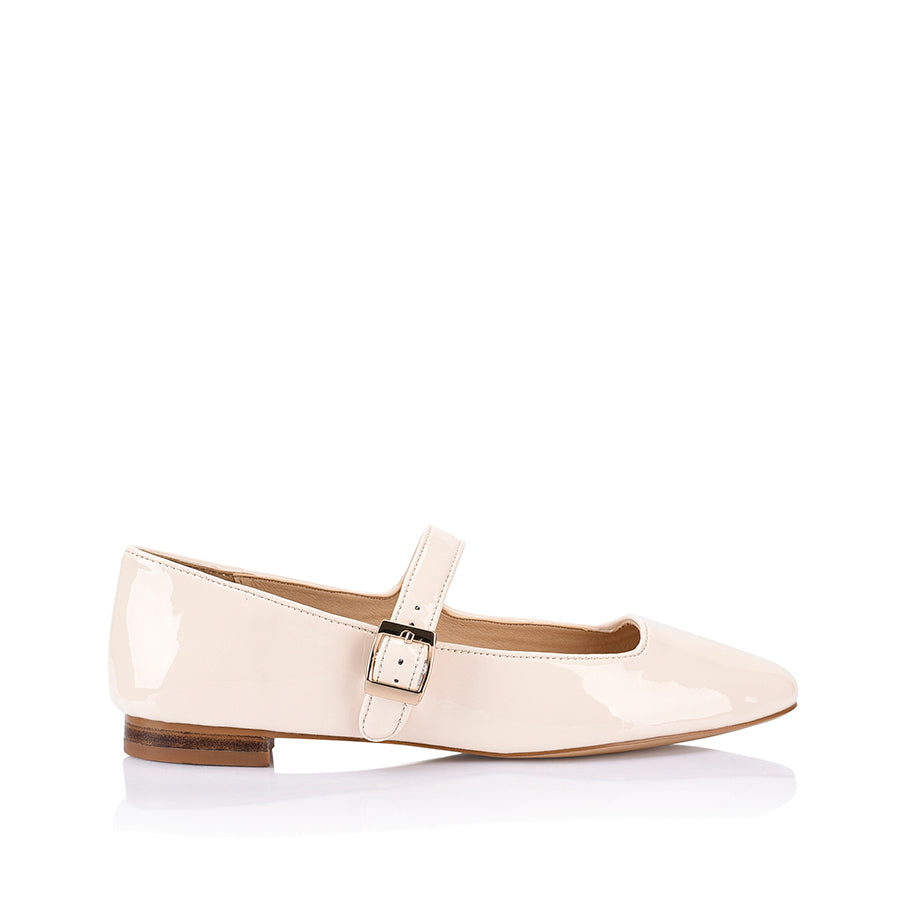 Women's vegan bone white patent mary-jane ballet flats with block heel and square toe