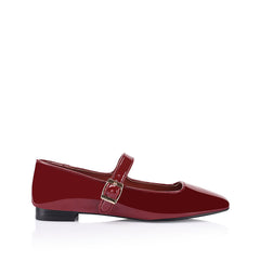 Women's red wine patent ballet flats with mary jane strap and square toe