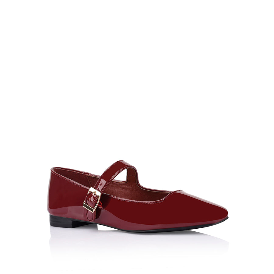 Women's red wine patent ballet flats with mary jane strap and square toe