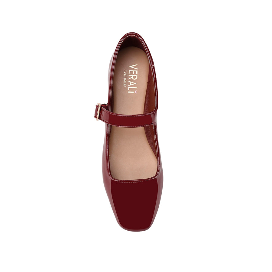 Women's red wine patent ballet flats with mary jane strap and square toe