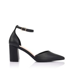 Women's black block heel with pointed toe and ankle strap