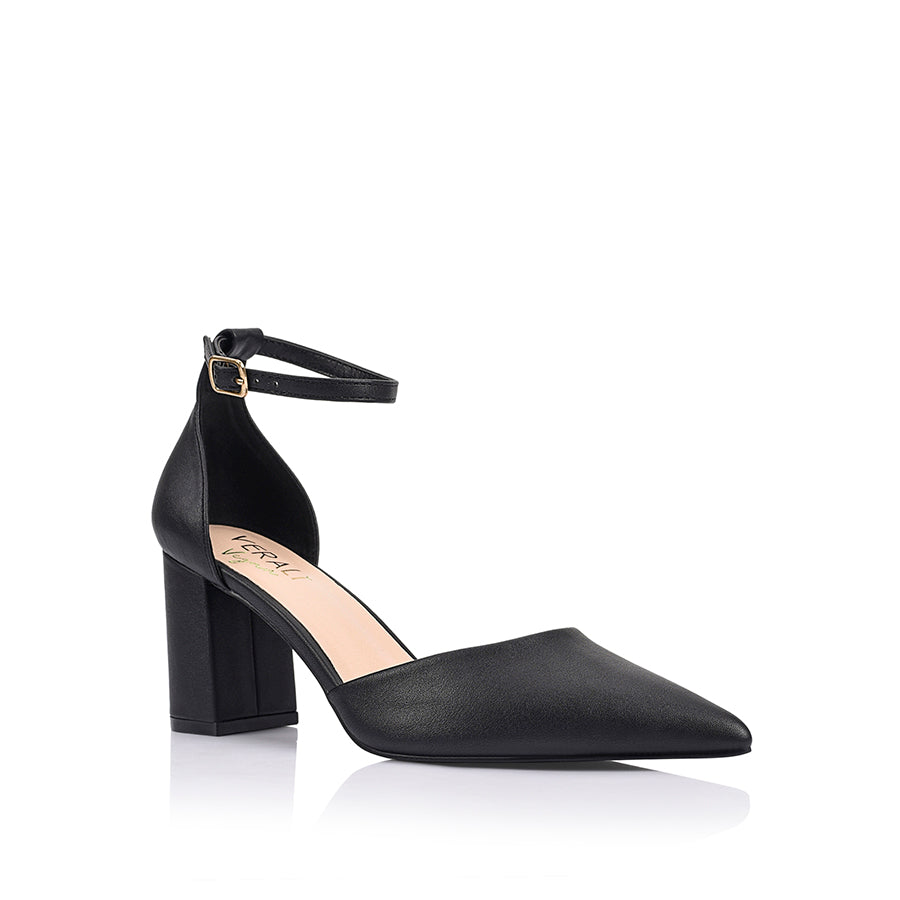 Women's black block heel with pointed toe and ankle strap