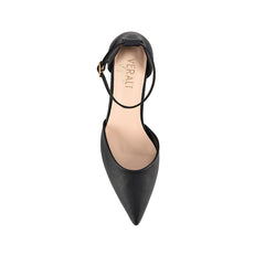 Women's black block heel with pointed toe and ankle strap