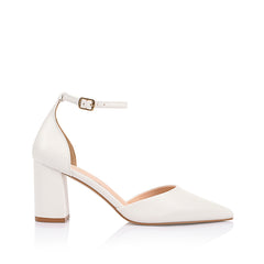 Women's white vegan block heel with pointed toe and ankle strap