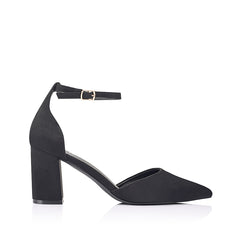 Women's black vegan microsuede court block heel with ankle buckle fastening