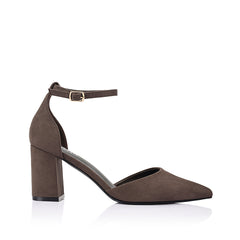 Women's chocolate brown vegan microsuede court block heel with ankle buckle fastening