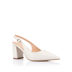 Women's vegan leather block heel slingback with pointed toe in chalk white
