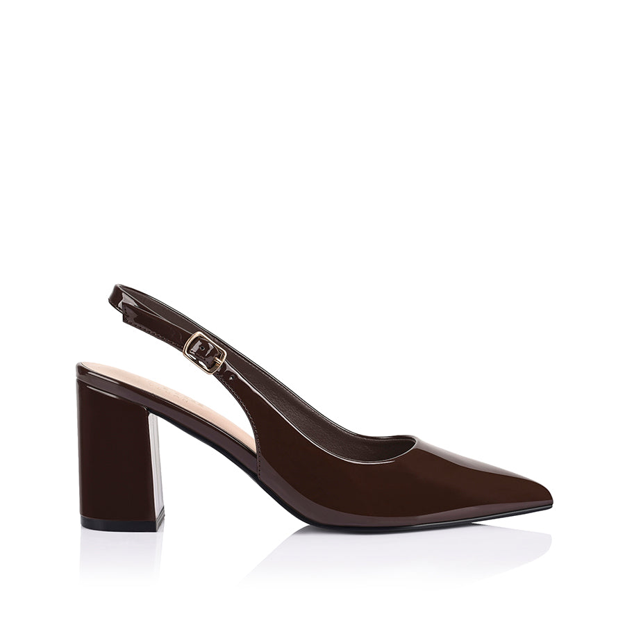 Brown high-heeled shoe with a slingback design with a patent upper
