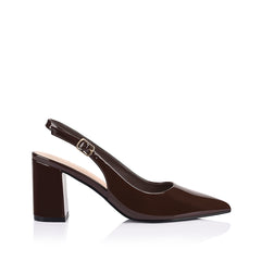 Brown high-heeled shoe with a slingback design with a patent upper