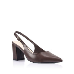 Brown high-heeled shoe with a pointed toe shape and buckle closure
