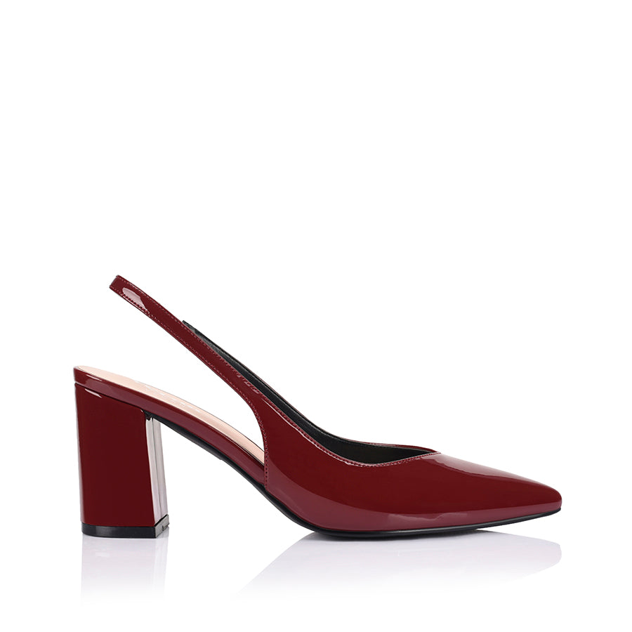 Women's pointed toe slingback with block heel in red wine patent vegan