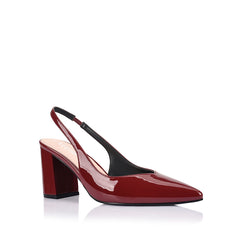 Women's pointed toe slingback with block heel in red wine patent vegan