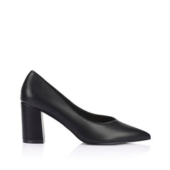 Women's black vegan block heel with pointed toe