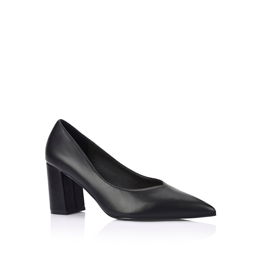 Women's black vegan block heel with pointed toe