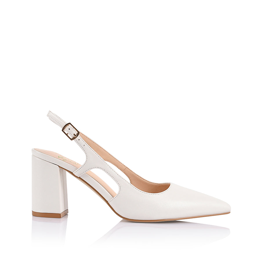 Women's white vegan leather block heel pointed toe slingback