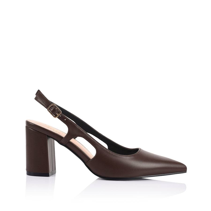 Women's vegan chocolate brown block heel slingback with buckle and pointed toe