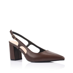 Women's vegan chocolate brown block heel slingback with buckle and pointed toe