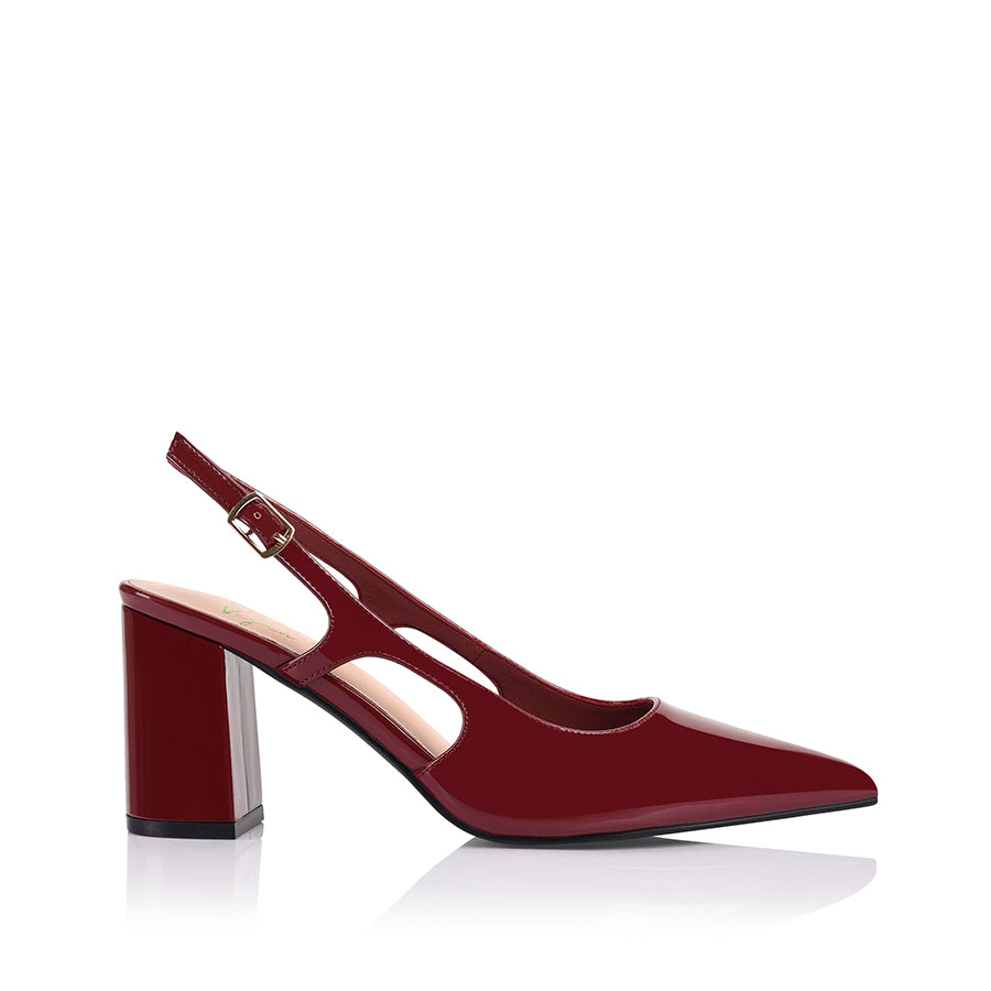 Women's red wine patent vegan leather block heel pointed toe slingback