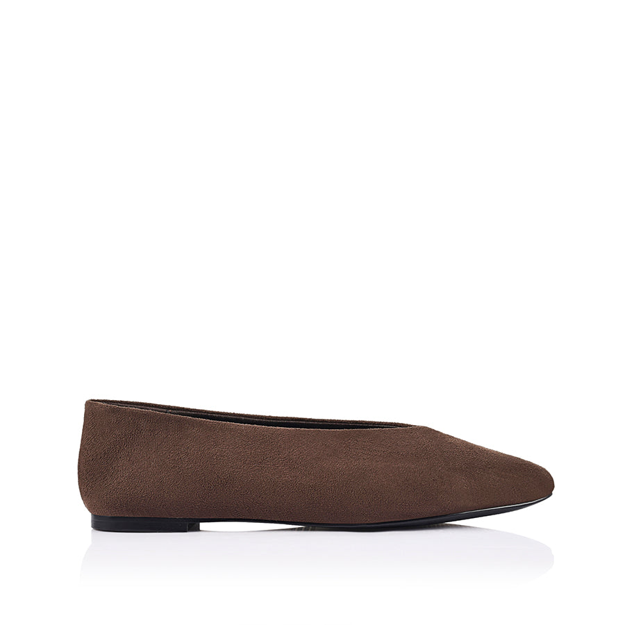 Vegan microfibre brown flat shoe with a square toe shape