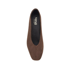 Vegan microfibre brown flat shoe with a square toe shape