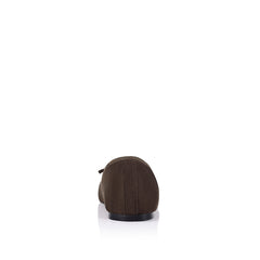 Brown microsuede ballet flats with a black heel and small bow