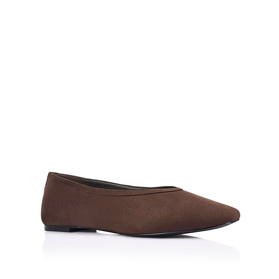 Microfibre brown flat with square toe shape and v high vamp