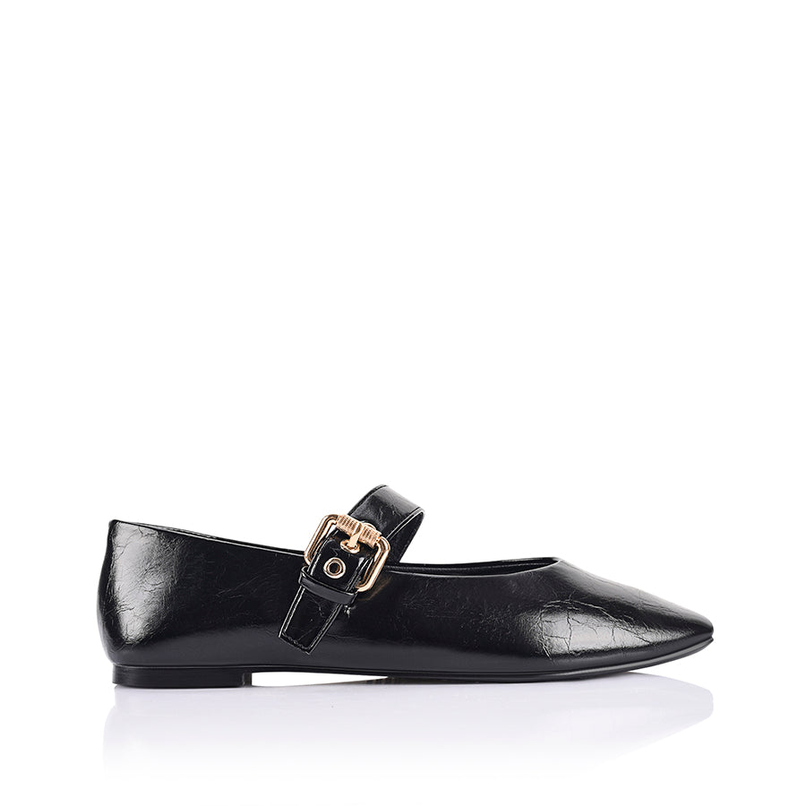 Crinkled texture Mary-Jane ballet flat with gold buckle