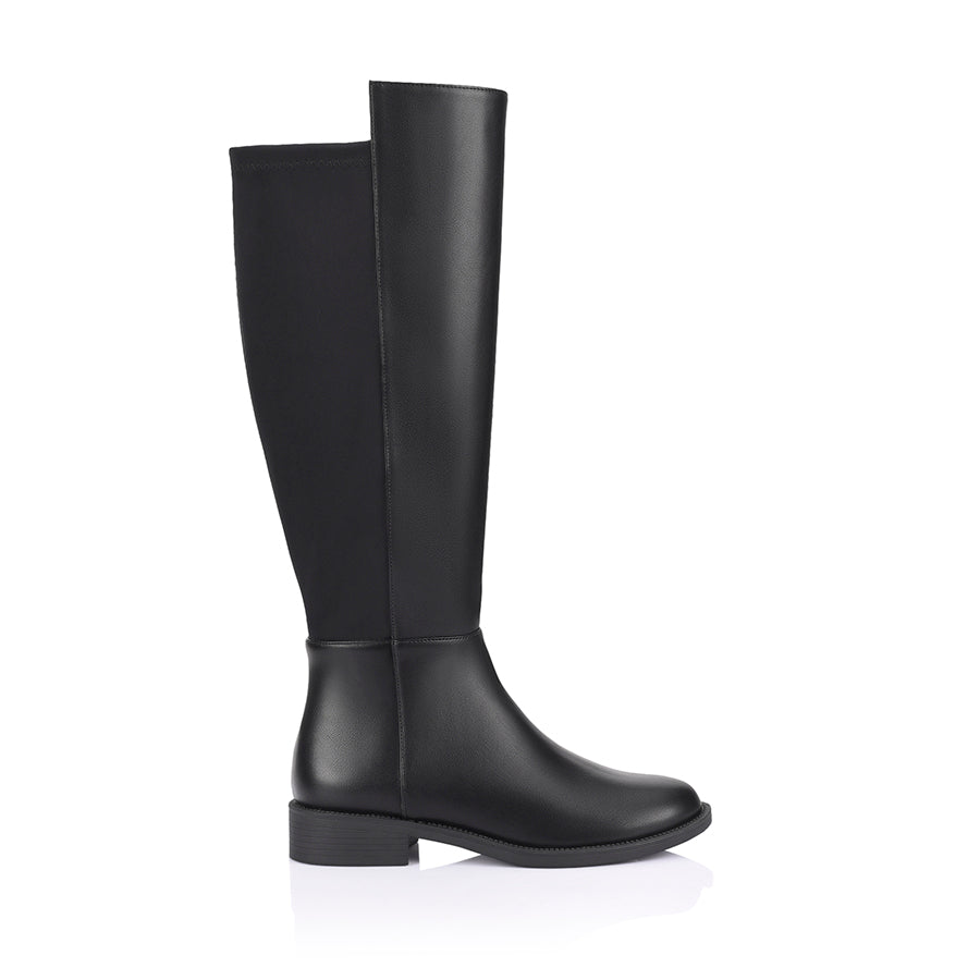 Women's black vegan leather knee high flat riding boot with stretch back