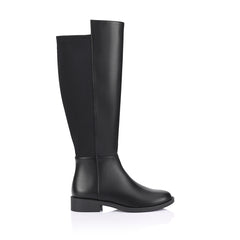 Women's black vegan leather knee high flat riding boot with stretch back
