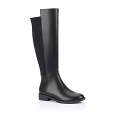 Women's black vegan leather knee high flat riding boot with stretch back
