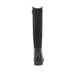 Women's black vegan leather knee high flat riding boot with stretch back
