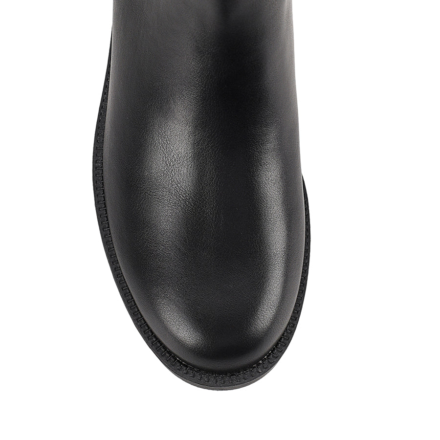 Women's black vegan leather knee high flat riding boot with stretch back