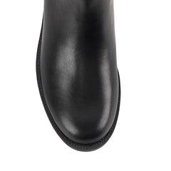 Women's black vegan leather knee high flat riding boot with stretch back