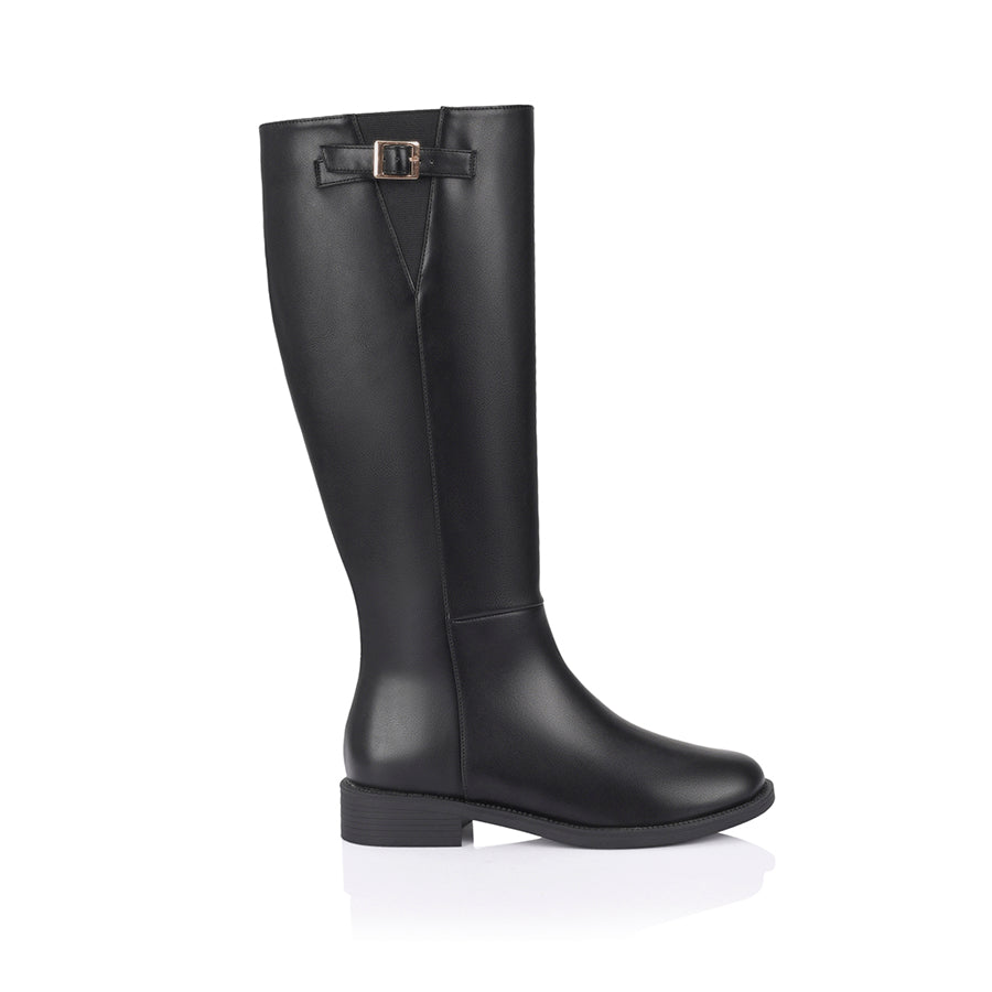 Women's knee high flat riding boots with elastic gusset and gold buckle detail