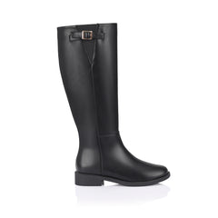 Women's knee high flat riding boots with elastic gusset and gold buckle detail