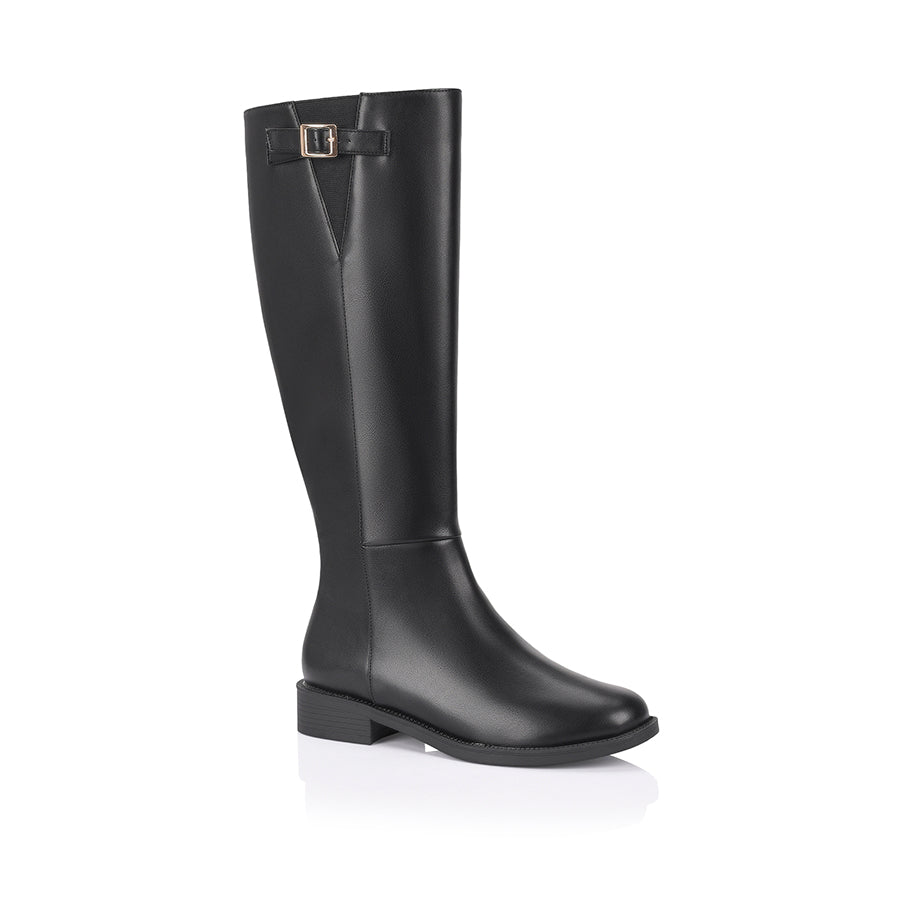 Women's knee high flat riding boots with elastic gusset and gold buckle detail