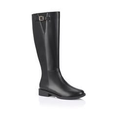 Women's knee high flat riding boots with elastic gusset and gold buckle detail