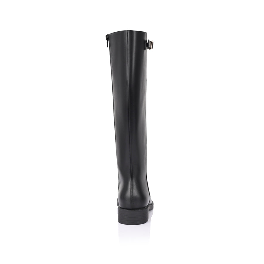 Women's knee high flat riding boots with elastic gusset and gold buckle detail