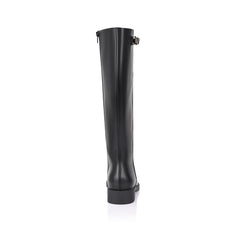 Women's knee high flat riding boots with elastic gusset and gold buckle detail