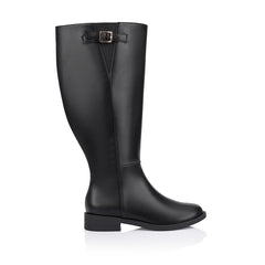 Women's wide calf flat knee high riding boot in black vegan leather
