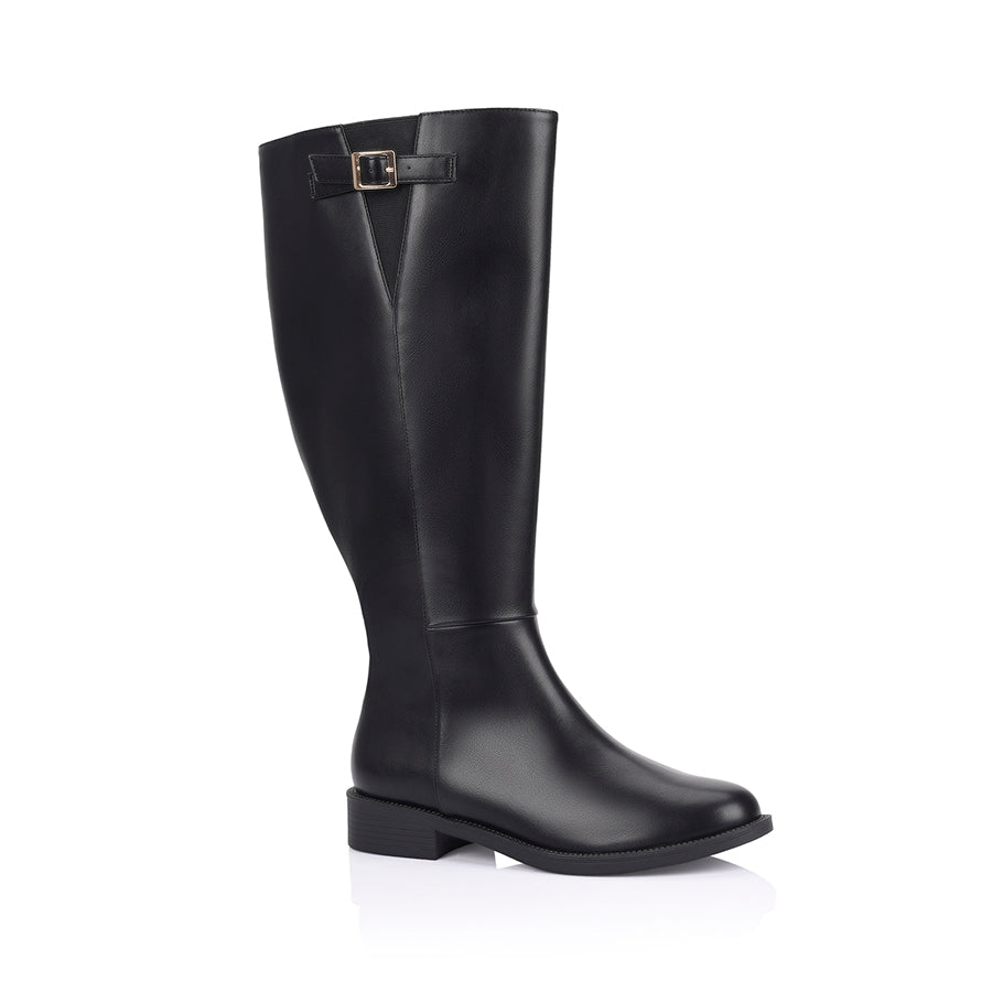 Women's wide calf flat knee high riding boot in black vegan leather