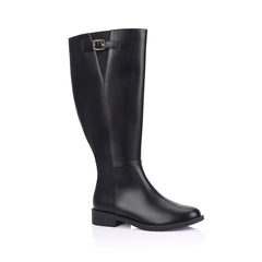 Women's wide calf flat knee high riding boot in black vegan leather