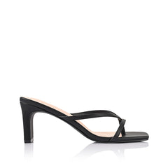 Women's black vegan high heeled thong with thin block heel