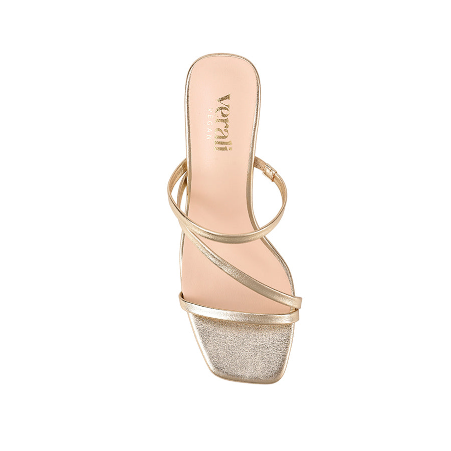 Women's champagne gold block heel strappy mule