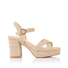 Women's raffia platform block heel strappy sandal with crossover straps and buckle fastening