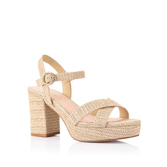 Women's raffia platform block heel strappy sandal with crossover straps and buckle fastening